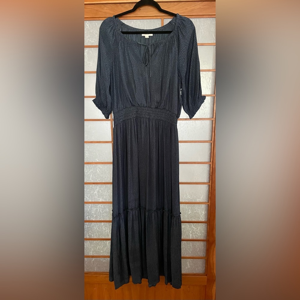 Maxi Bohemian Style Dress, Size L,  Dark Blue with small dots